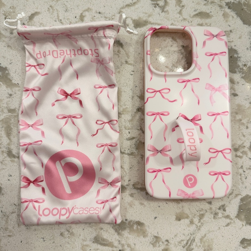 Loopy Case Pink Bow Design. iPhone 14 Pro Max or 6.7 inches screen size